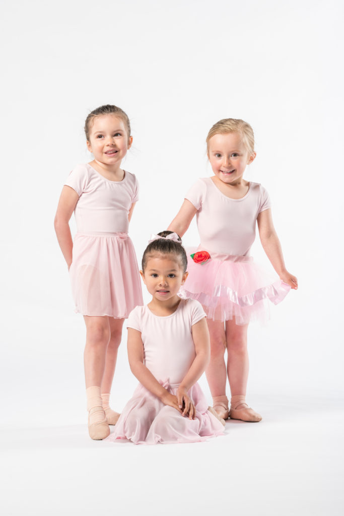 Three preschools posed for a photoshoot for Preschool Ballet Class At Wellington Dance Academy