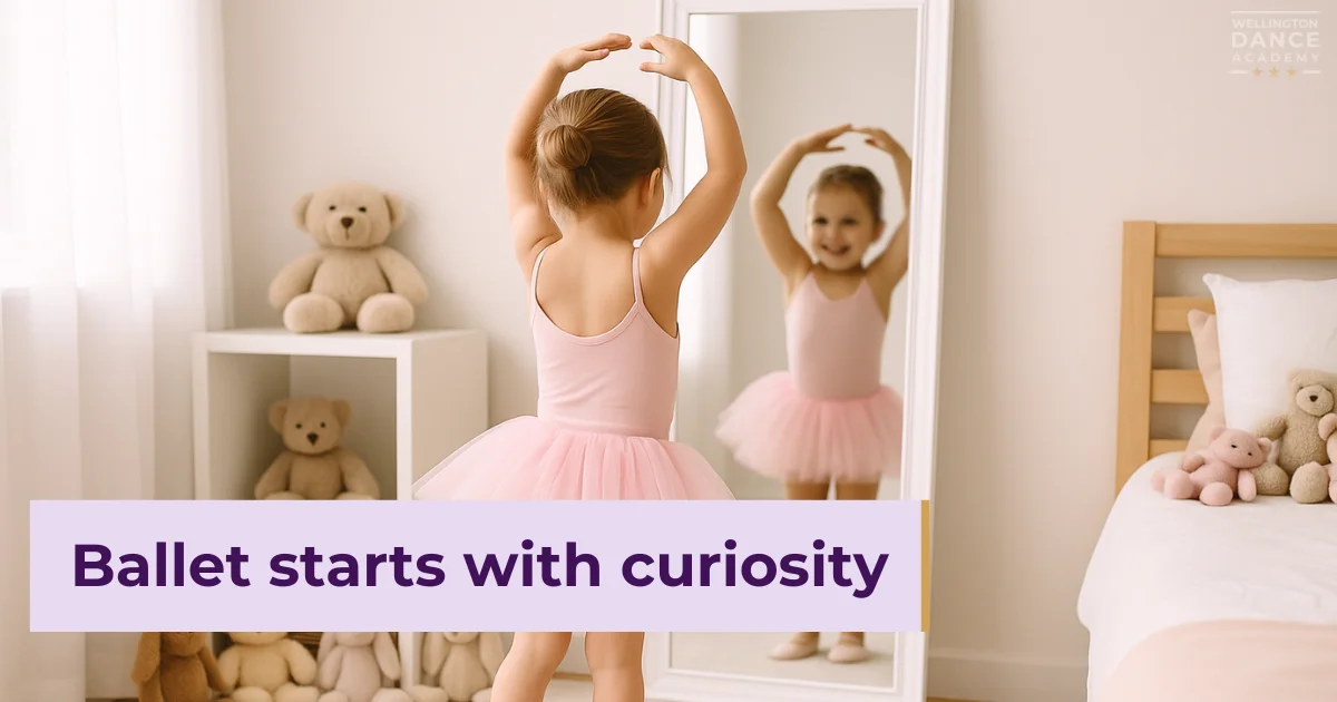 Little girl in tutu practicing ballet in front of mirror at home.