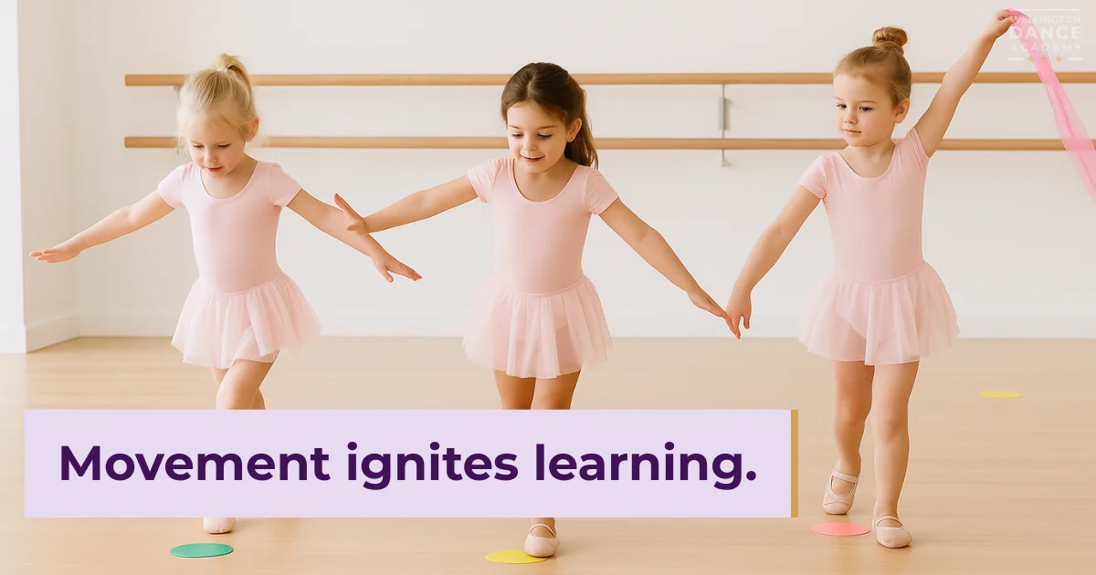 Three young girls learning movement through ballet with colored floor spots.