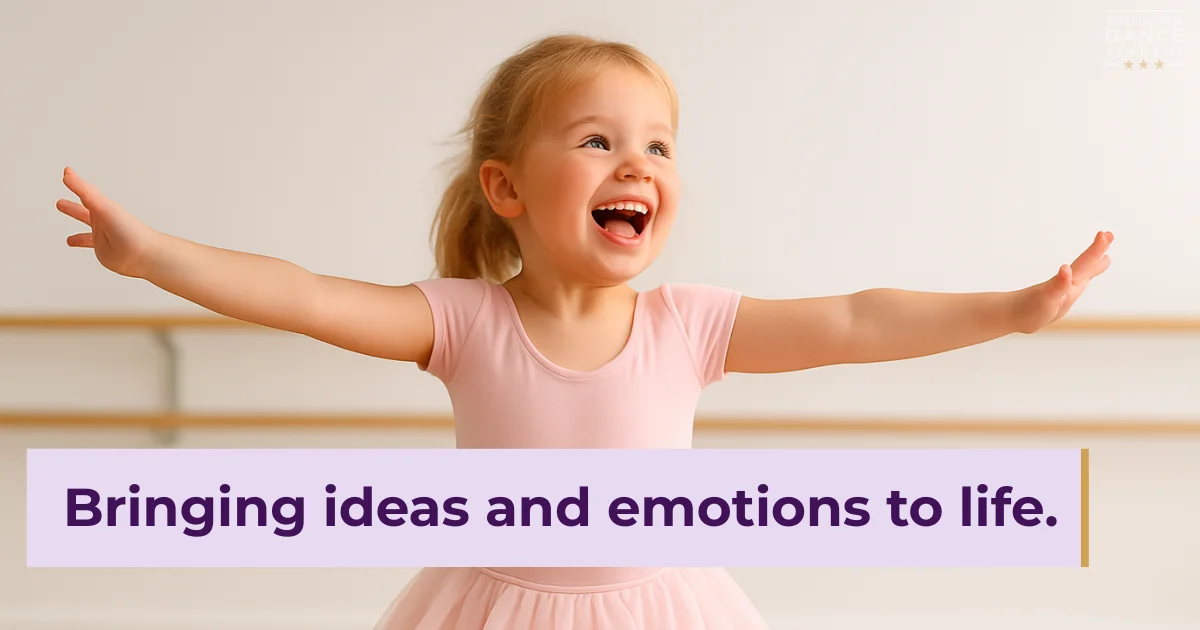 Excited girl in ballet pose expressing joy and creativity through dance.