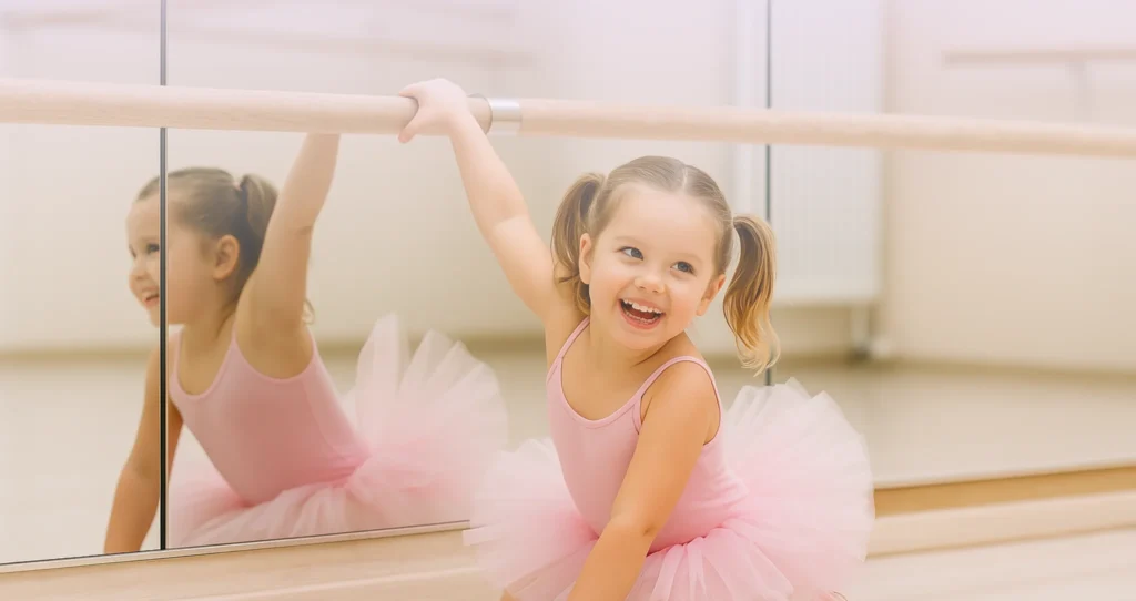 Smiling girl in tutu stretching at ballet barre with mirror reflection.
