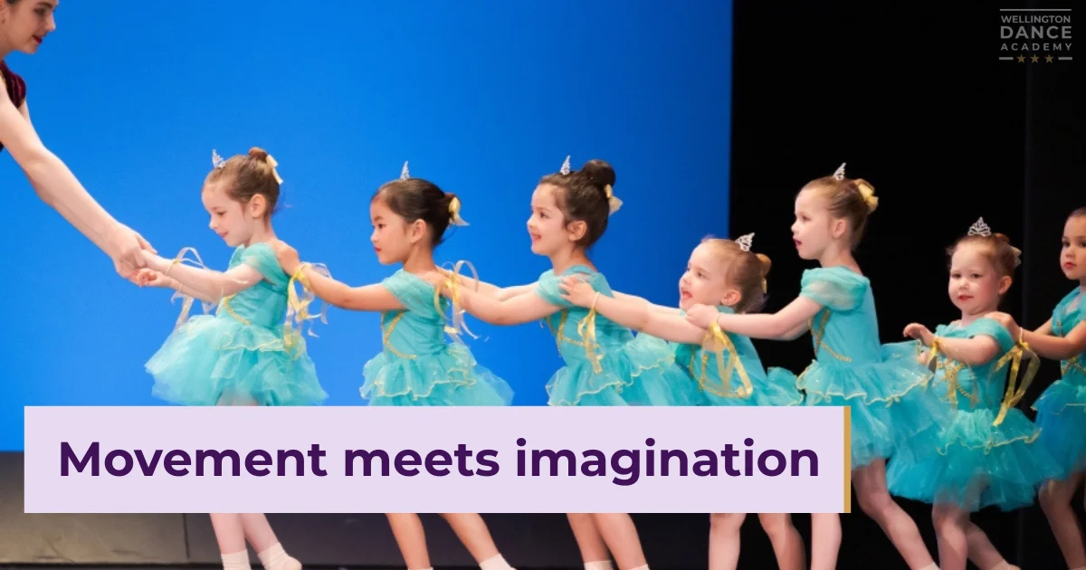 Young girls in teal tutus performing a group ballet routine on stage.
