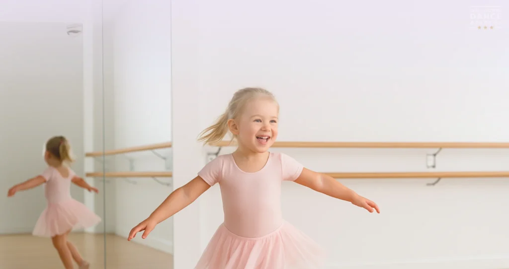 Smiling girl dancing alone in bright studio with mirrored wall and barre.